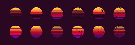 A collection of twelve gradient ovals featuring stripes and varying textured effects, creating a...