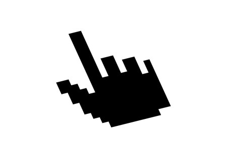 A simple black and white icon of a hand cursor pointer, often used to indicate clickable areas on...