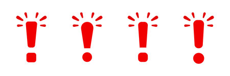 Four red exclamation marks are lined up in a row, each with lines at the top suggesting emphasis or...