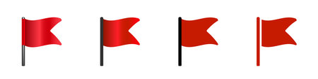 A sequence of four red flags on basic poles, each with a distinct shade and design.