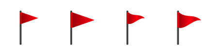 A variety of red flags displayed on poles, each with distinct shapes and designs.