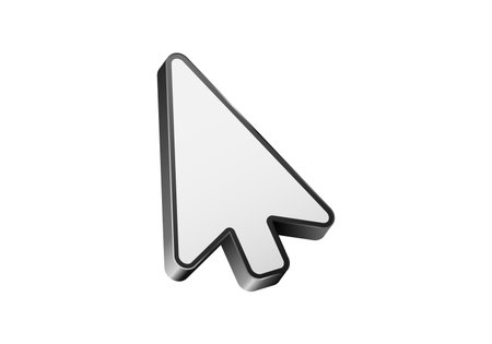 A three-dimensional white arrow cursor icon with a sleek black outline, representing navigation or...