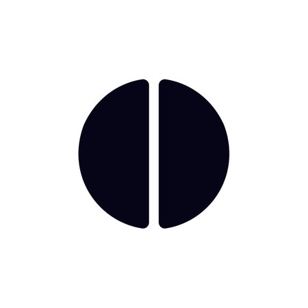 A bold graphic design featuring a minimal black circle split in half creating a geometric pattern.