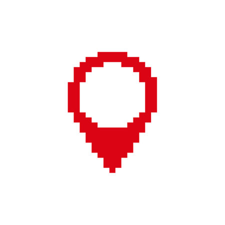 Bright red pixel art location pin icon in retro digital style, centered on a plain white canvas.のイラスト素材