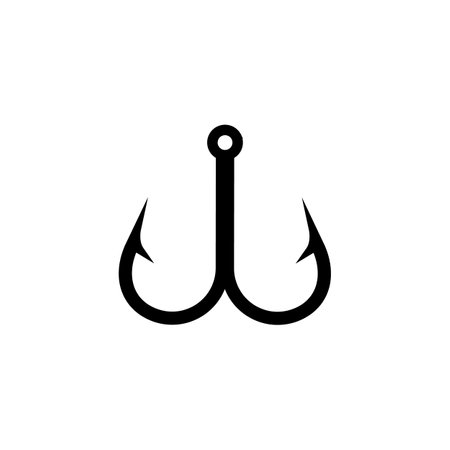Black silhouette of a sharp fishing hook with dual pointed ends for catching fish in open waters.のイラスト素材