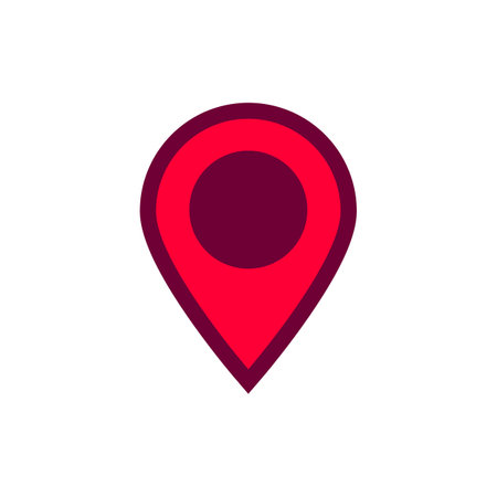 Red location pin with a dark circle center symbolizes map navigation or digital geolocation.のイラスト素材