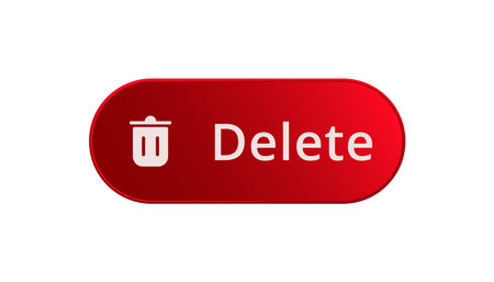 A red button featuring the word delete and a trash can icon, ideal for digital user interfaces.
