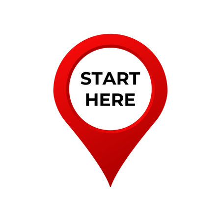 Simple red location marker icon with bold black text start here on a white circular center.