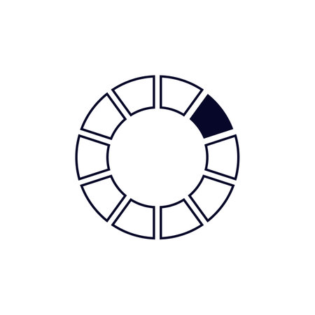 Circular loading icon shows progress with segmented sections, featuring a bold monochrome design.