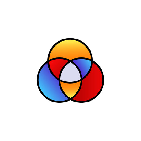 Three overlapping circles in vivid gradients create a dynamic venn diagram. central mix shows unity.のイラスト素材