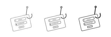 Three hooked login and password forms symbolize phishing, highlighting cybersecurity threats to users.のイラスト素材