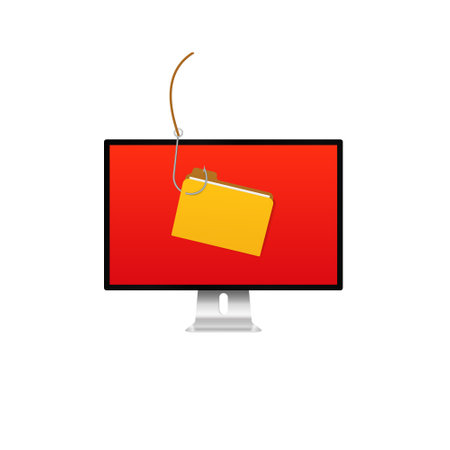 Monitor exhibits phishing activity with a yellow folder as bait, signifying cybersecurity risks.のイラスト素材