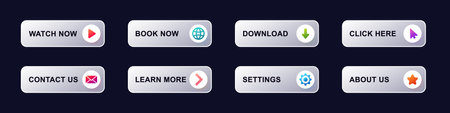 Various web buttons with icons and text for navigation, highlighting key actions for users online.