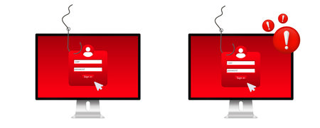 Two computer screens show phishing warnings with login fields and alert symbols.のイラスト素材