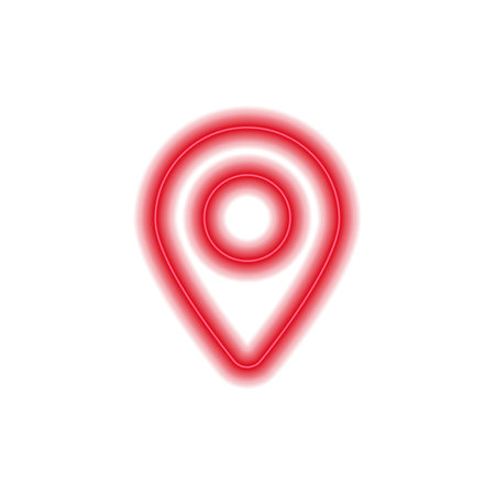 Neon red pin icon glowing with light. design features a circle and pin shape, shining brightly.のイラスト素材