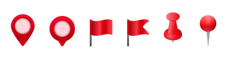 Collection of red map pins and flags, useful for marking locations in navigation and mapping.