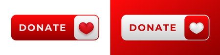 Red and white button designs with bold donate text and heart icon, suitable for charity use.