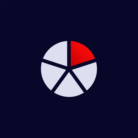 A pie chart with four gray segments and one red segment creates a balanced circular design.