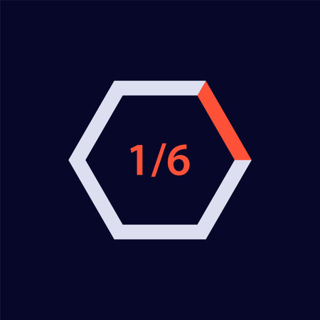 A bold hexagon icon features the fraction one over six, with distinct red and white colors inside.