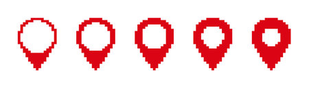 Five red pixel map markers showcase diverse styles. ideal for digital maps and location-based designs.のイラスト素材