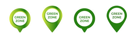 Set of four green zone markers in different shapes showing circular and drop pin designs in green.のイラスト素材