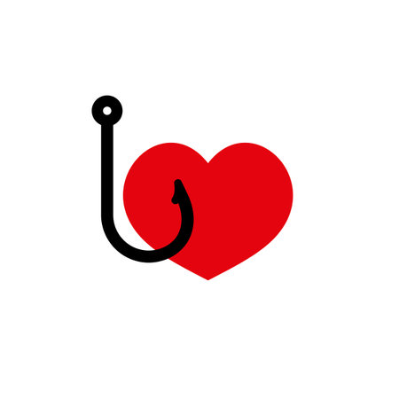 Heart shape entangled with a fishing hook symbolizes loves attachment. bold red and black theme.のイラスト素材