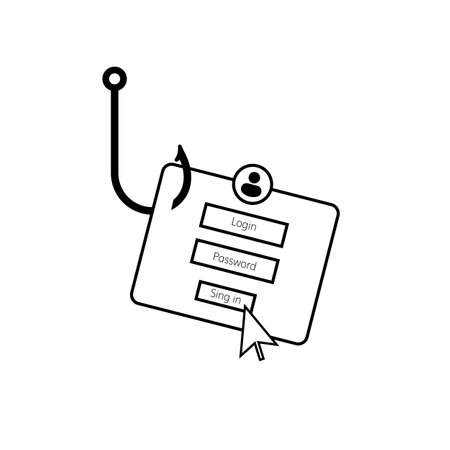 Black and white image depicting a phishing hook with a login box, symbolizing cyber threats online.のイラスト素材