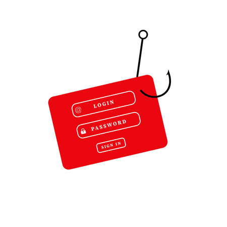 Warning sign shows login and password fields being hooked, symbolizing online phishing danger.のイラスト素材