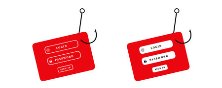 Visual representation of phishing threat featuring login forms hooked on fishing line illustration.のイラスト素材