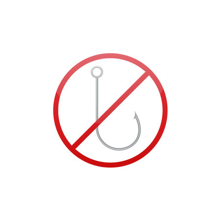 a clear prohibition sign shows a fishing hook and a red circle, indicating fishing is not allowed.のイラスト素材