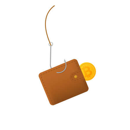 A brown bitcoin wallet attached to a fish hook represents potential risks in cryptocurrency security.のイラスト素材