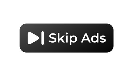 Illustration of a play button and skip ads text on a rectangular sign with a dark border.のイラスト素材