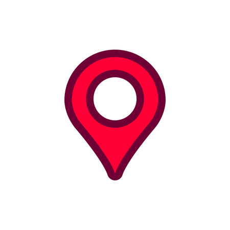 A red location pin with a bold outline symbolizes navigation. it indicates specific geographic points.のイラスト素材