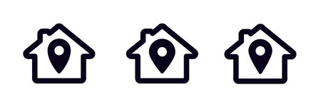 Three identical black house icons feature clear location symbols within each outline, showcasing simplicity.のイラスト素材