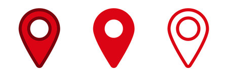 Three red location marker icons vary in style and thickness, useful for maps and navigation apps.のイラスト素材