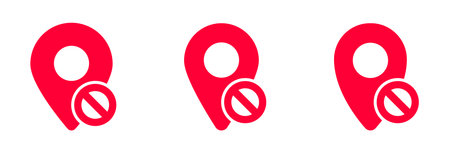 Three red location pin icons display a stop symbol, suggesting restrictions or no entry zones.のイラスト素材