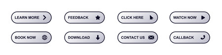 A variety of interactive buttons with icons for actions like learning, feedback, contact, and more.のイラスト素材