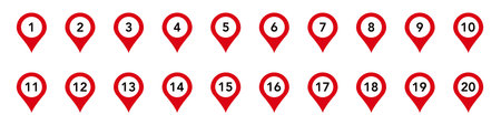 Red location pins with numbers 1 to 20 in sequence used for direction and map marking.のイラスト素材
