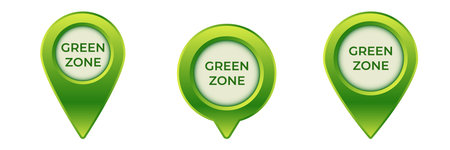 Green zone map pins vary in shades and design, featuring circular centers and pointed tips.のイラスト素材