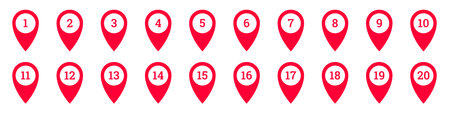 Icon set featuring red map markers numbered from one to twenty. simple and easily recognizable.のイラスト素材