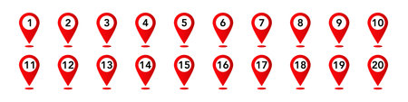 Twenty red map pins, numbered one through twenty, feature white circles with black numerals inside.のイラスト素材