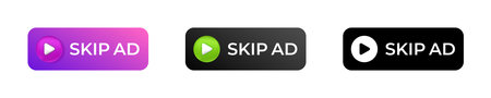three skip ad buttons in various colors highlight user navigation choices with playful digital designs.のイラスト素材