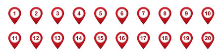 Red location pins with numbers are arranged in a horizontal line, numbering from one to twenty.のイラスト素材