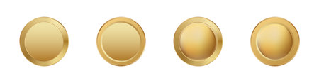Four golden coins with blank centers featuring different shades and textures of gold color.のイラスト素材
