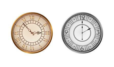 Vintage old clock template. Realistic classic antique round dial design with vintage numerals with hour hands and vector minutesのイラスト素材
