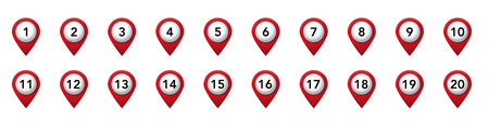 Red location markers numbered one to twenty displayed in a single horizontal row.のイラスト素材