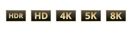 Display quality icons: hdr, hd, 4k, 5k, and 8k gold and black design.のイラスト素材