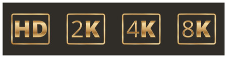 Stylish gold hd, 2k, 4k, 8k resolution icons on black background.のイラスト素材