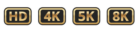 Hd 4k 5k 8k gold icons displaying video resolution standards.のイラスト素材