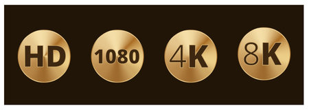 Gold circular symbols: hd, 1080, 4k, 8k video resolution icons on black.のイラスト素材